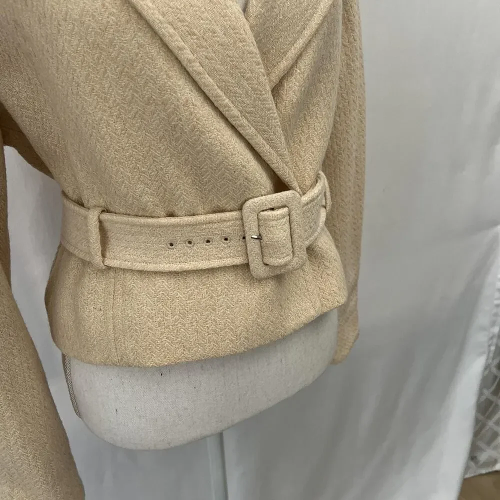 & Other Stories Jacket Womens 2 Beige Wool Herringbone Belted‎ Short LA Atelier